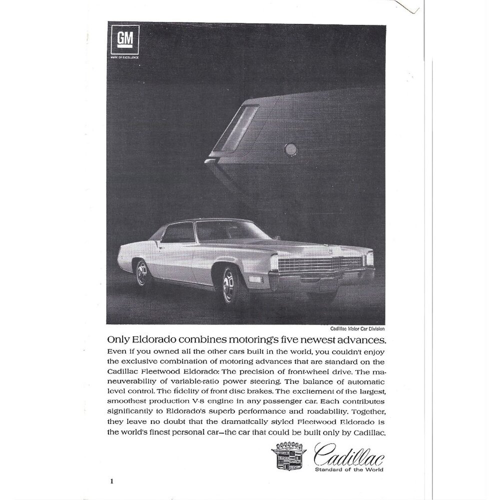 Cadillac Eldorado GM Luxury Car 1960s Vintage Print Ad 9 inch Tall